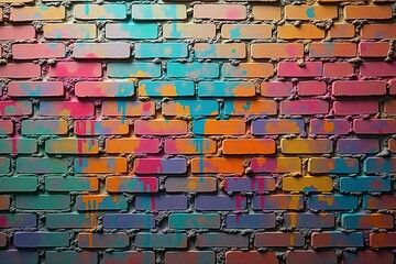 Vivid Multicolored Graffiti Patterns on Brick Wall Texture, Highlighting Bold Urban Artistic...