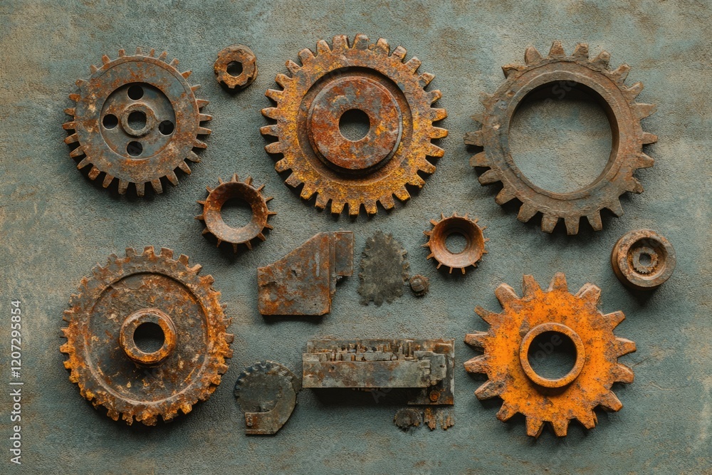 Poster collection of rusty metallic gears and cogs arranged on a textured surface.