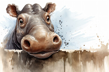  Hippopotamus  Portraite of Happy surprised funny Animal head peeking watercolor for T shirt Printing