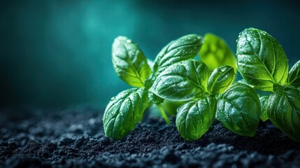 Lush green basil sprouts emerging from dark soil.