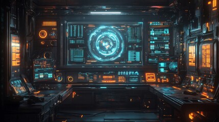 Obraz premium Futuristic Control Panel Interface with Glowing Lights and Digital Displays