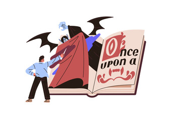 Obraz premium Person reads big paper book about monsters. Reader is in adventure in mystery fairytale about vampires. Concept of fiction stories, fairy tales. Flat isolated vector illustration on white background