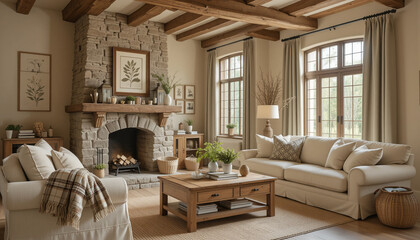 Stylish living room interior featuring contemporary furniture, neutral tones, and cozy decor. Ideal...