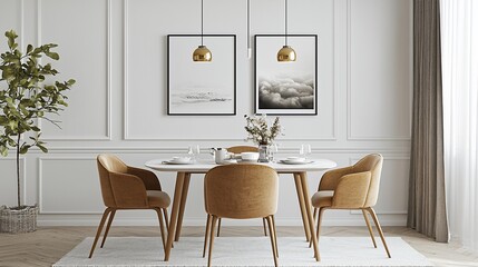 Minimalist dining room with mustard chairs, artwork, and gold pendant lights.