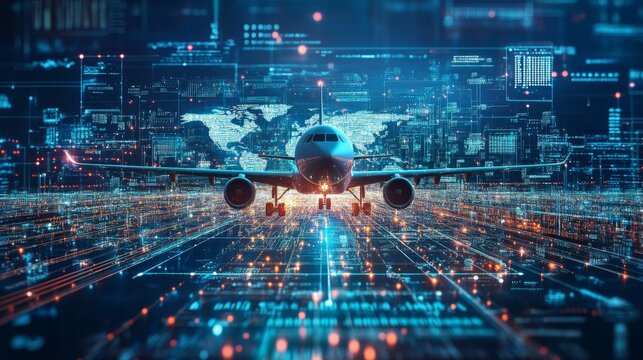 Airplane Approaching City at Night with Futuristic Digital Overlay
