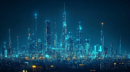 Fototapeta premium Futuristic City Skyline at Night with Glowing Blue Lights