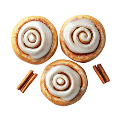 Fototapeta premium Three Delicious Cinnamon Rolls with Icing on Transparent Background