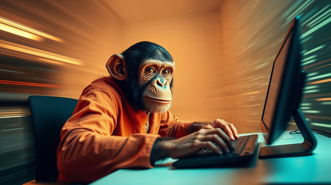 Chimp monkey typing computer code on a keyboard behind a desk. Cute wild animal doing human office work