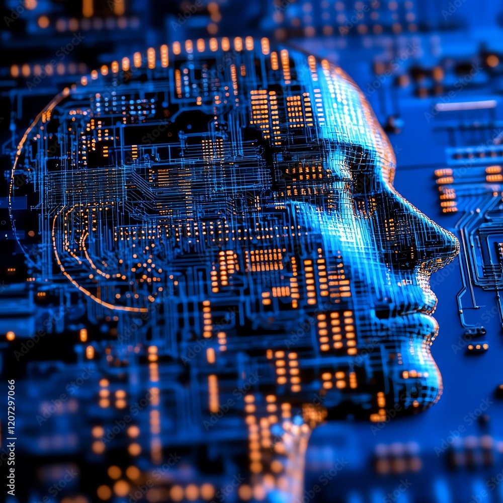 Poster digital face created from circuit patterns symbolizes the fusion of technology and humanity in moder