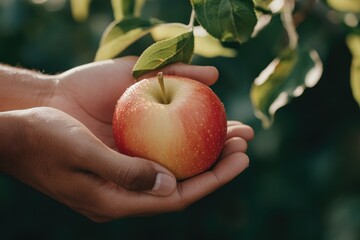 commercial photography for advertising campaign close-up of hands holding ripe freshly picked from tree with blurred