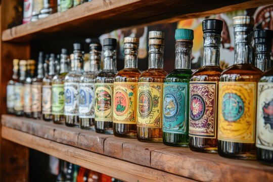 Vibrant display of tequila bottles with colorful labels local distillery product showcase rustic environment close-up view celebrating alcohol variety