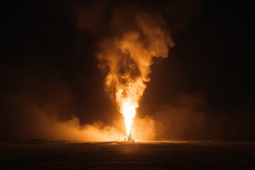 Obraz premium Fire erupts from oil rig in deep ocean at night, illuminating the dark waters with flames and smoke
