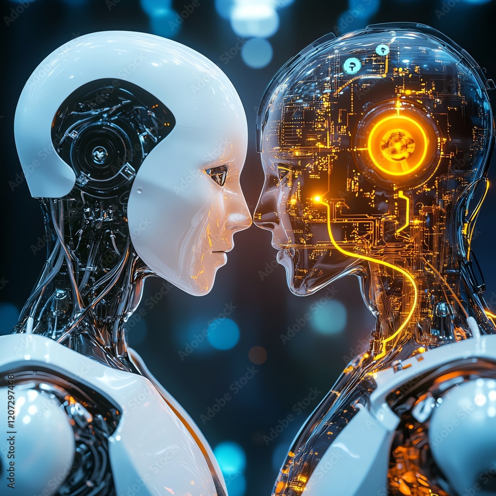 Poster two futuristic robots face each other in a high-tech environment with glowing circuitry and soft lig