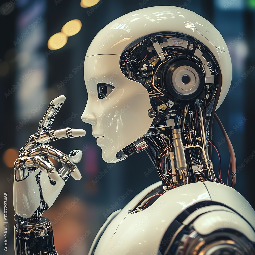 Poster robot with a thoughtful expression showcasing advanced technology in a modern urban setting