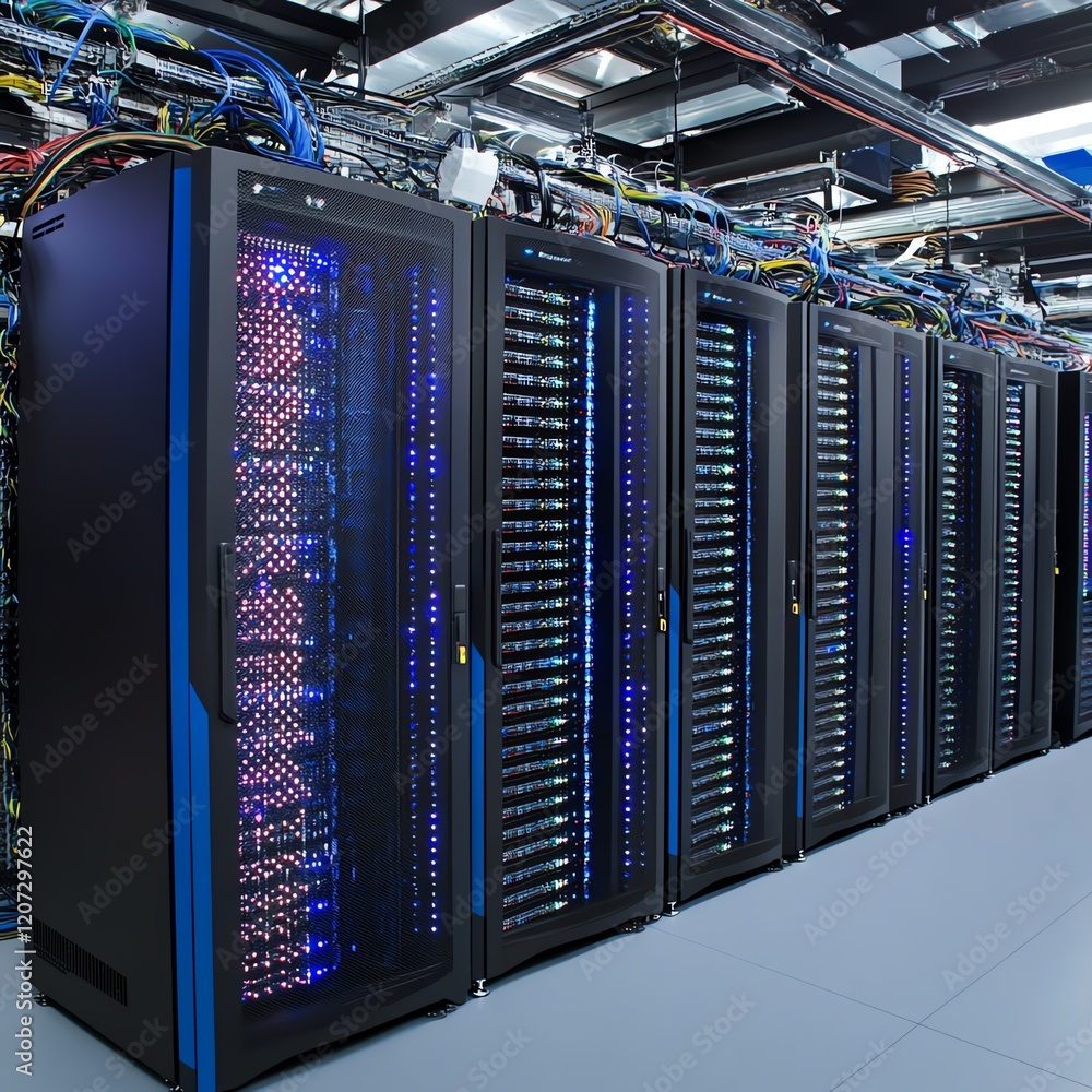 Poster data center hosting multiple servers with illuminated components in a high-tech environment