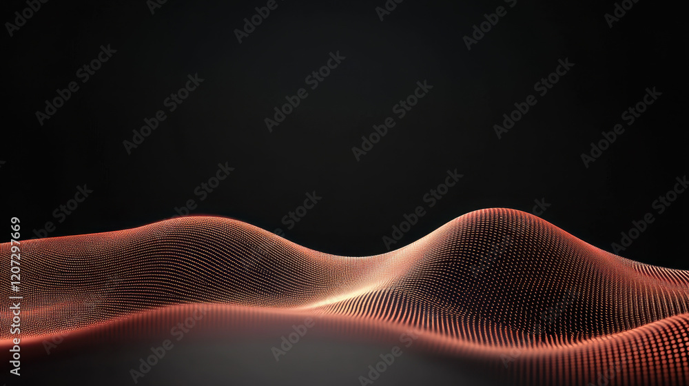 Poster a flowing, abstract landscape of illuminated waves in a dark background, showcasing intricate patter