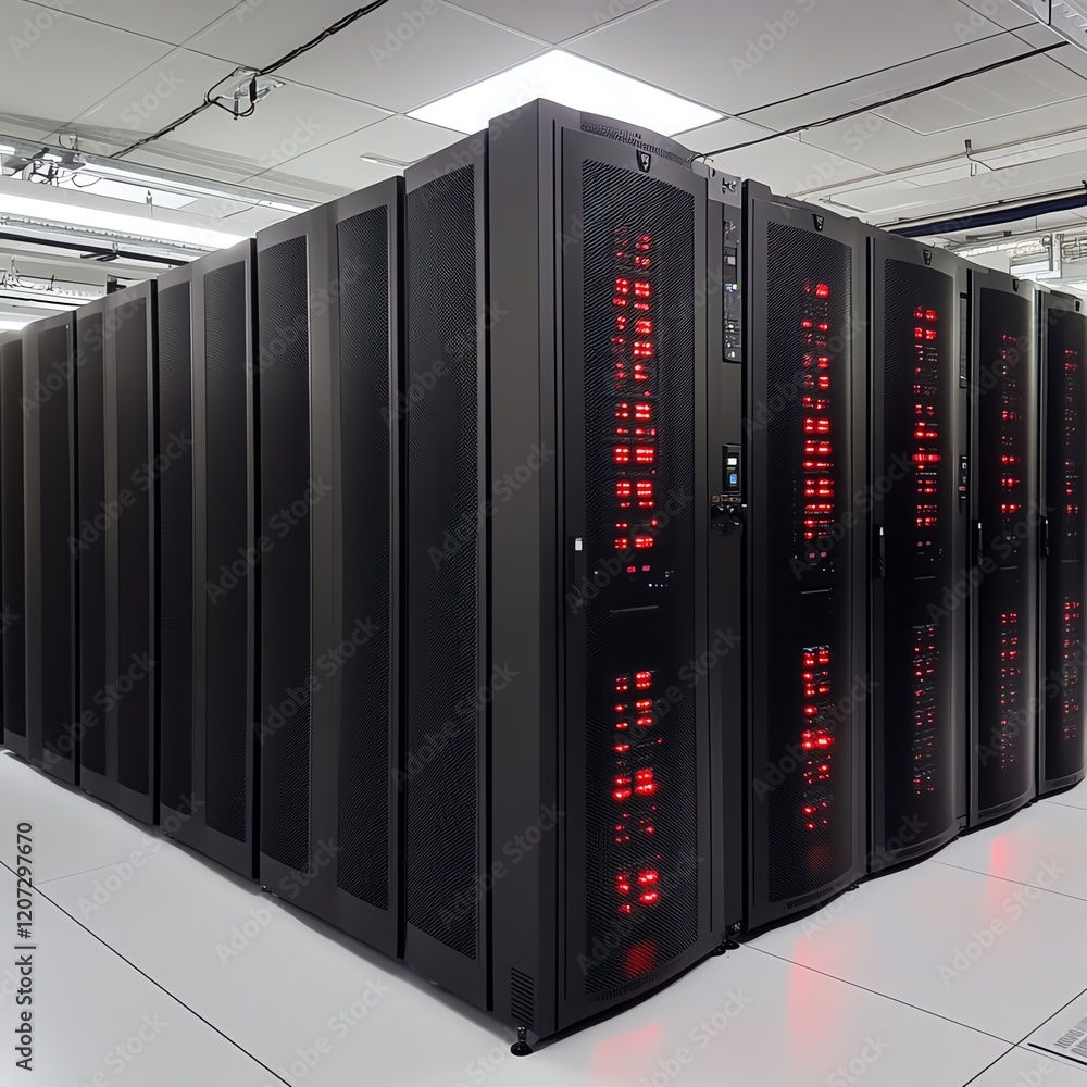 Poster advanced computing equipment in a modern data center showcasing red led indicators and efficient des