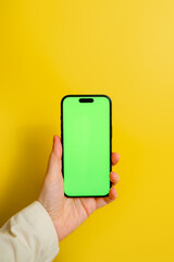 Person holding mobile phone with green screen on yellow background