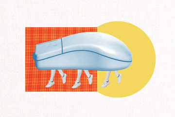 Trend artwork banner sketch 3D photo collage of obsolete tool computer mouse hardware cursor body...