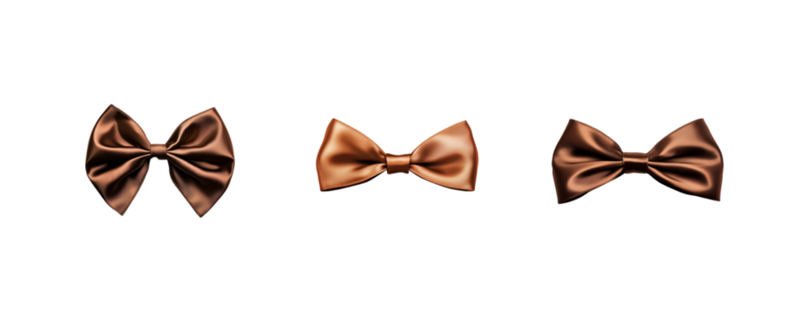 Set of satin beige, mocha mousse bows or tie on transparent background. Clip art png isolated for cards, gifts, illustration for holidays, birthdays, Christmas and New Year.