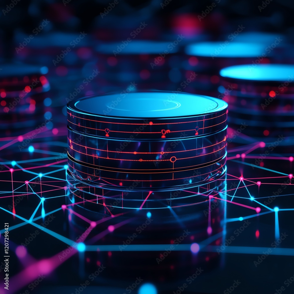 Poster digital currencies and blockchain technology illustrated through interconnected data structures and 
