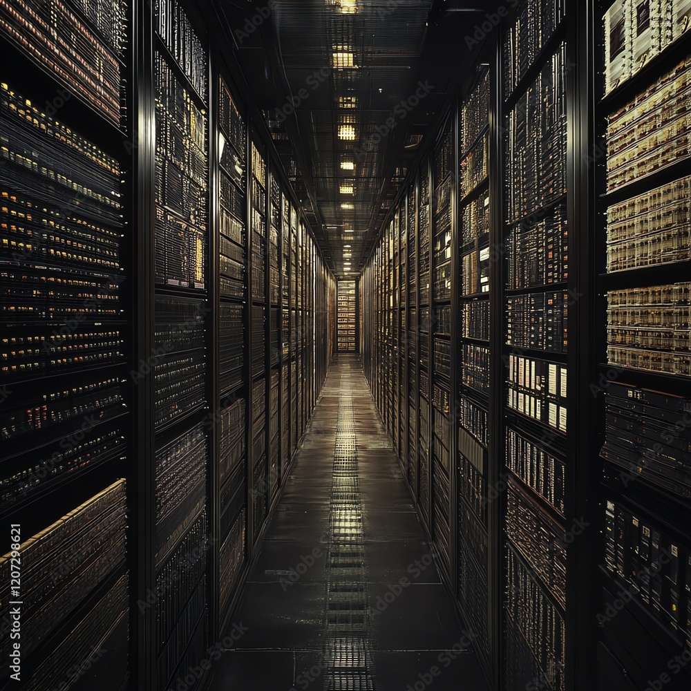 Poster dark hallway lined with server racks in a data center at night showcasing digital technology and con