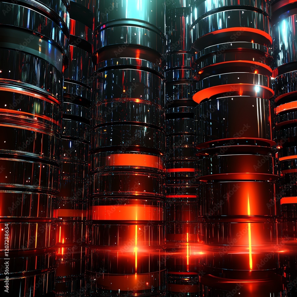 Poster reflective metallic cylinders illuminated with red and blue lights create an abstract futuristic env