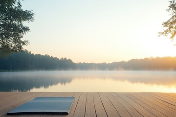 commercial photography for advertising campaign yoga mat rolled out on wooden deck overlooking peaceful lake at sunrise