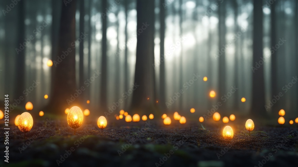 Aufkleber enchanted forest with glowing orbs at dusk surrounded by tall trees and mystical fog creating a magi