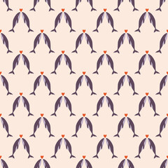 Seamless pattern with whales and red hearts. Romantic marine design perfect for Valentine’s Day, weddings, gift wrap, stationery, packaging, fabric, scrapbooking, crafts. 