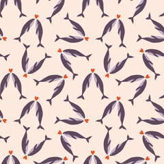 Seamless pattern with whales and red hearts. Romantic marine design perfect for Valentine’s Day, weddings, gift wrap, stationery, packaging, fabric, scrapbooking, crafts. 