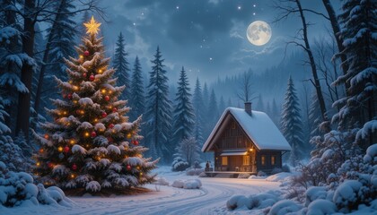 Snowy Christmas tree forest cabin moonlit night