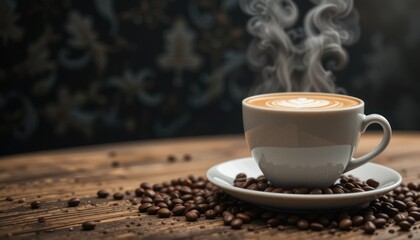 Steaming Latte Art Coffee Cup on Wooden Table with Coffee Beans, Decorated Background