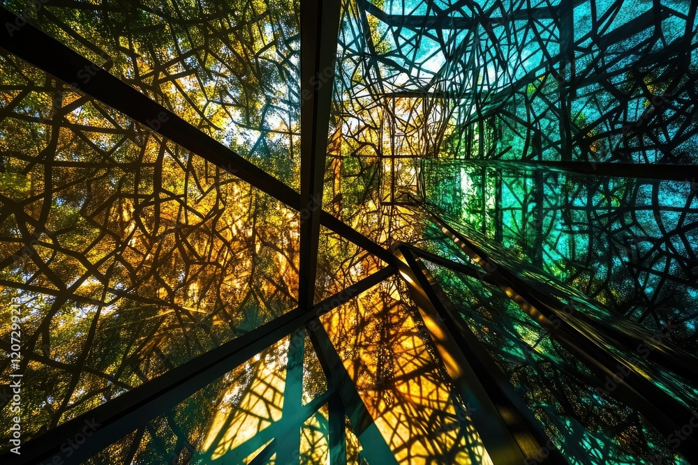 Poster abstract view of stained glass reflecting tree branches and sunlight, creating a vibrant, colorful p