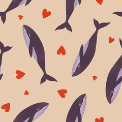 Seamless pattern with whales and red hearts. Romantic marine design perfect for Valentine’s Day, weddings, gift wrap, stationery, packaging, fabric, scrapbooking, crafts. 