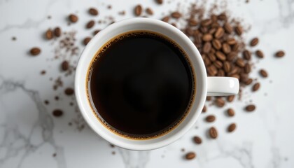 Obraz premium Overhead view of black coffee in white cup on marble with coffee beans