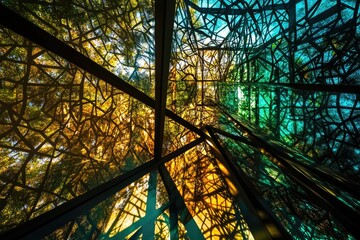 Fototapeta premium Abstract view of stained glass reflecting tree branches and sunlight, creating a vibrant, colorful pattern.