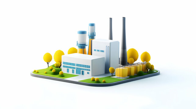 Modern Factory With Colorful Design And Minimalist Style, Industrial Buildings Surrounded By Trees And Tanks. Generative AI