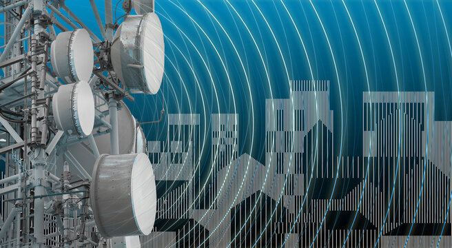 ALERT ABOUT ELECTROMAGNETIC POLLUTION EXPOSURE IN A RESIDENTIAL AREA - Concept with base radio station for global communications services and electromagnetic emissions fields against a cityscape