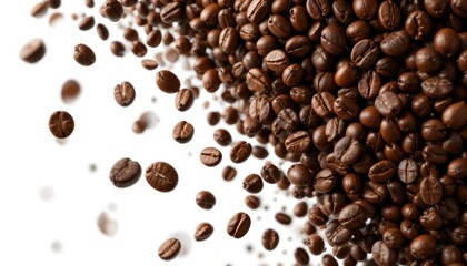 Obraz premium Roasted coffee beans falling, white background, studio shot, food advertising
