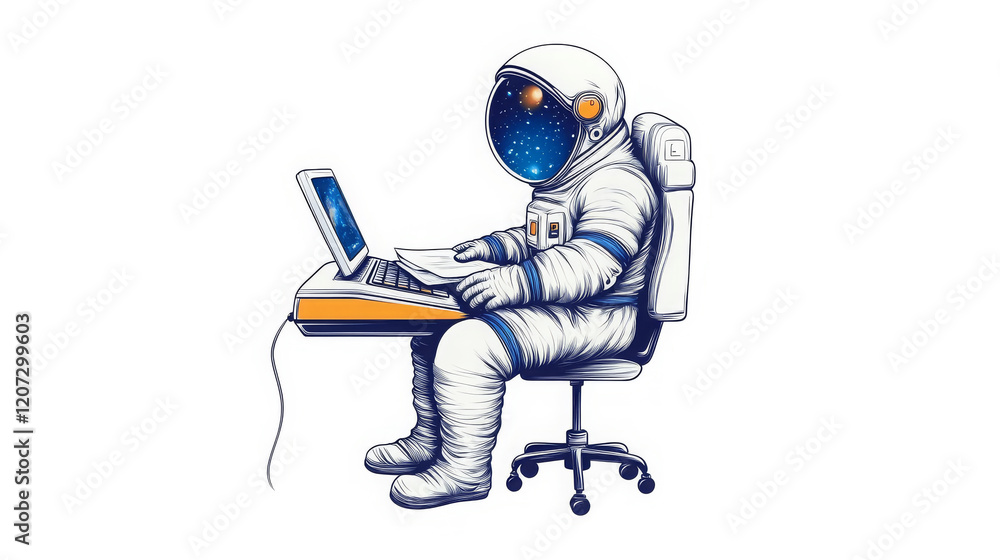 Poster astronaut using technology to scan documents in a futuristic office environment