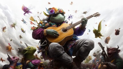 Obraz premium Whimsical Frog Playing Guitar Surrounded by Colorful Creatures in a Magical Fantasy Landscape with Vibrant Flowers and Enchanted Atmosphere