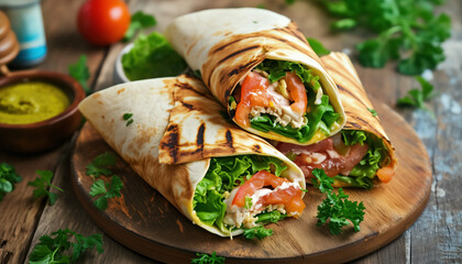A grilled wrap, sliced and served, filled with fresh leafy greens, tomato slices, and a flavorful savory filling, styled for a modern and appealing presentation.