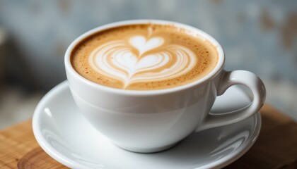 Obraz premium Latte art coffee in a white cup on wooden surface, cafe background