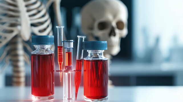 DNA Bridging Past and Present Concept, Laboratory glassware with red liquid, skeleton in background, science tools