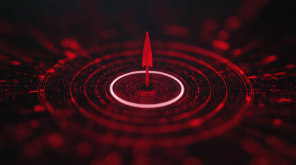 A striking red arrow points upward from a central circle, surrounded by concentric rings, evoking a sense of focus and direction in a digital landscape.