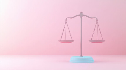 A minimalist scale balances evenly on a soft pink background, symbolizing justice, equality, and fairness in a contemporary design.