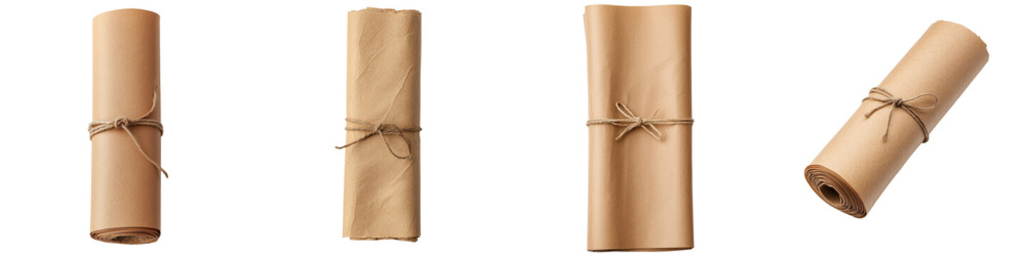 Rolled craft paper package tied with natural twine string on a minimalist white background  Abstract clean texture of simple wrapping paper and rustic cord  Concept for or delivery