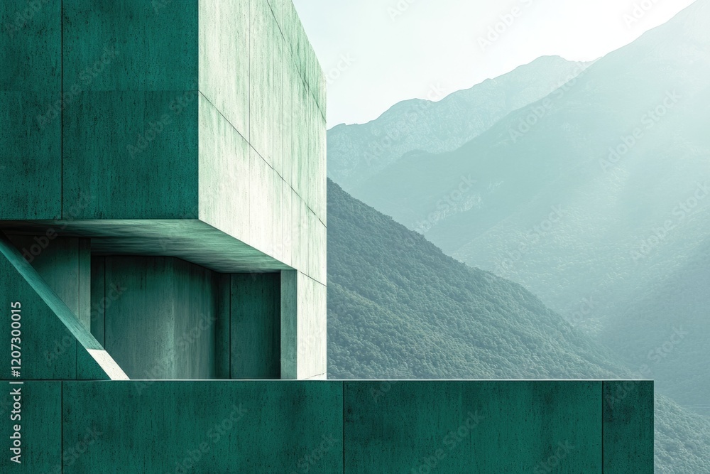 Poster abstract teal concrete structure against a hazy mountain backdrop, minimalist architecture.
