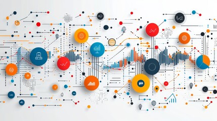 Abstract infographic design illustrating data analysis and technology trends with colorful icons and charts.